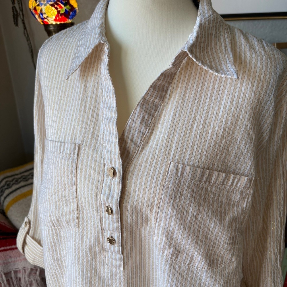 Anne Klein White Gold Stripe Textured Button Front Popover Blouse - Medium - Picture 7 of 7